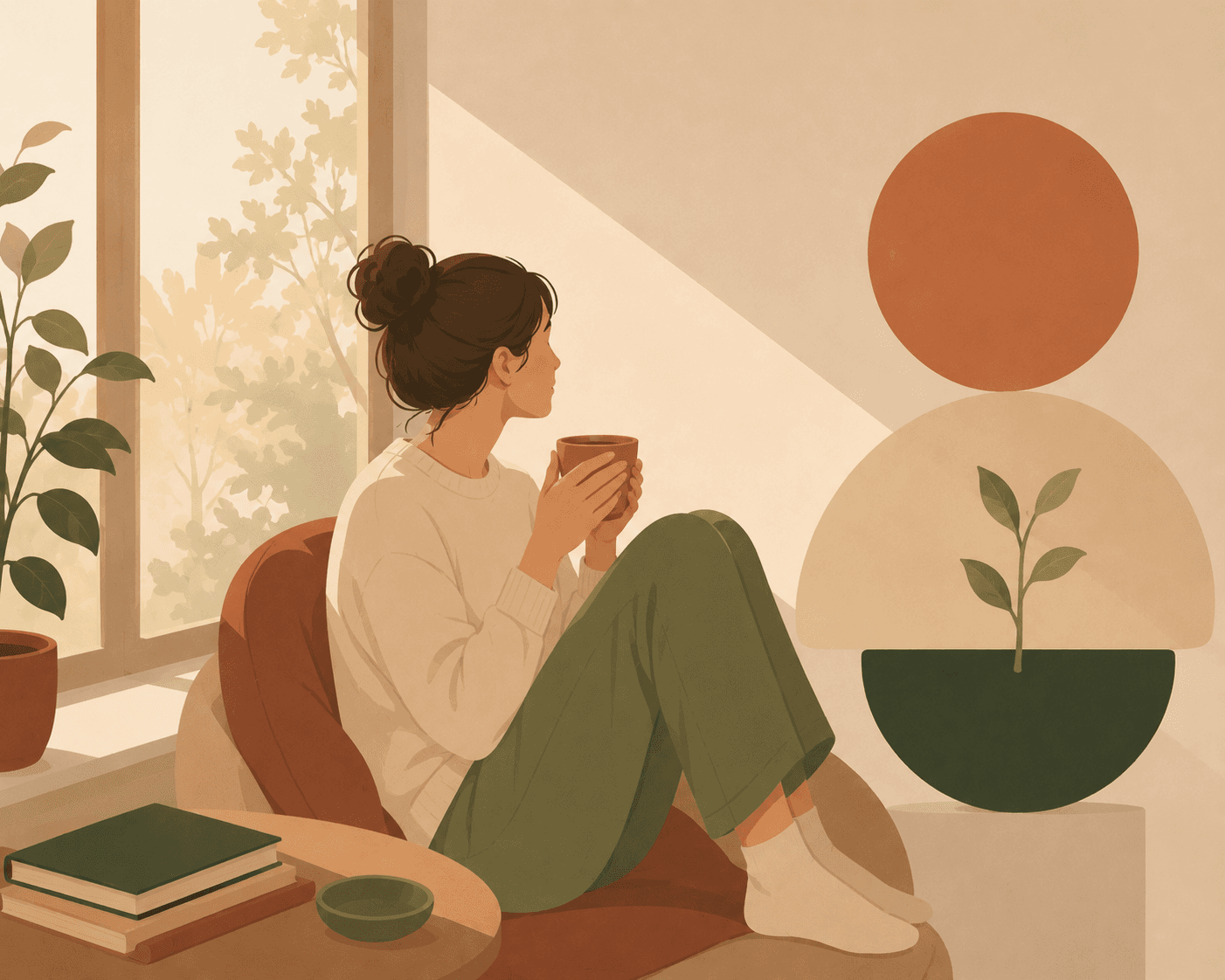 Illustrasjon av en person som sitter i en lenestol ved vinduet med en kopp kaffe, i en rolig og ettertenksom stemning.