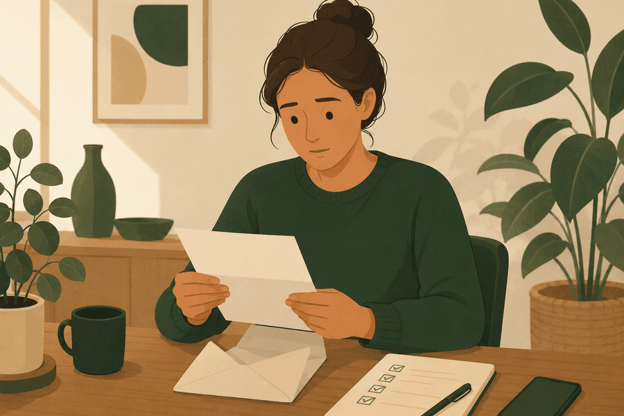 Illustrasjon av en person som leser et brev ved skrivebordet, med en åpnet konvolutt, en sjekkliste og en mobiltelefon foran seg.