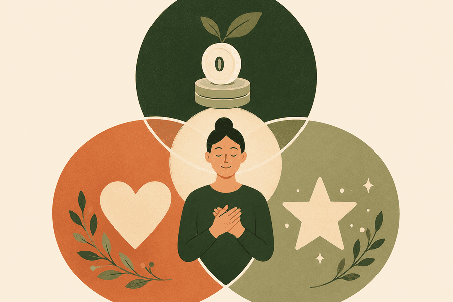 Illustration of a person at the intersection of three overlapping circles representing financial wellbeing, health and love, and quality of life, symbolizing balance and overall wellbeing.
