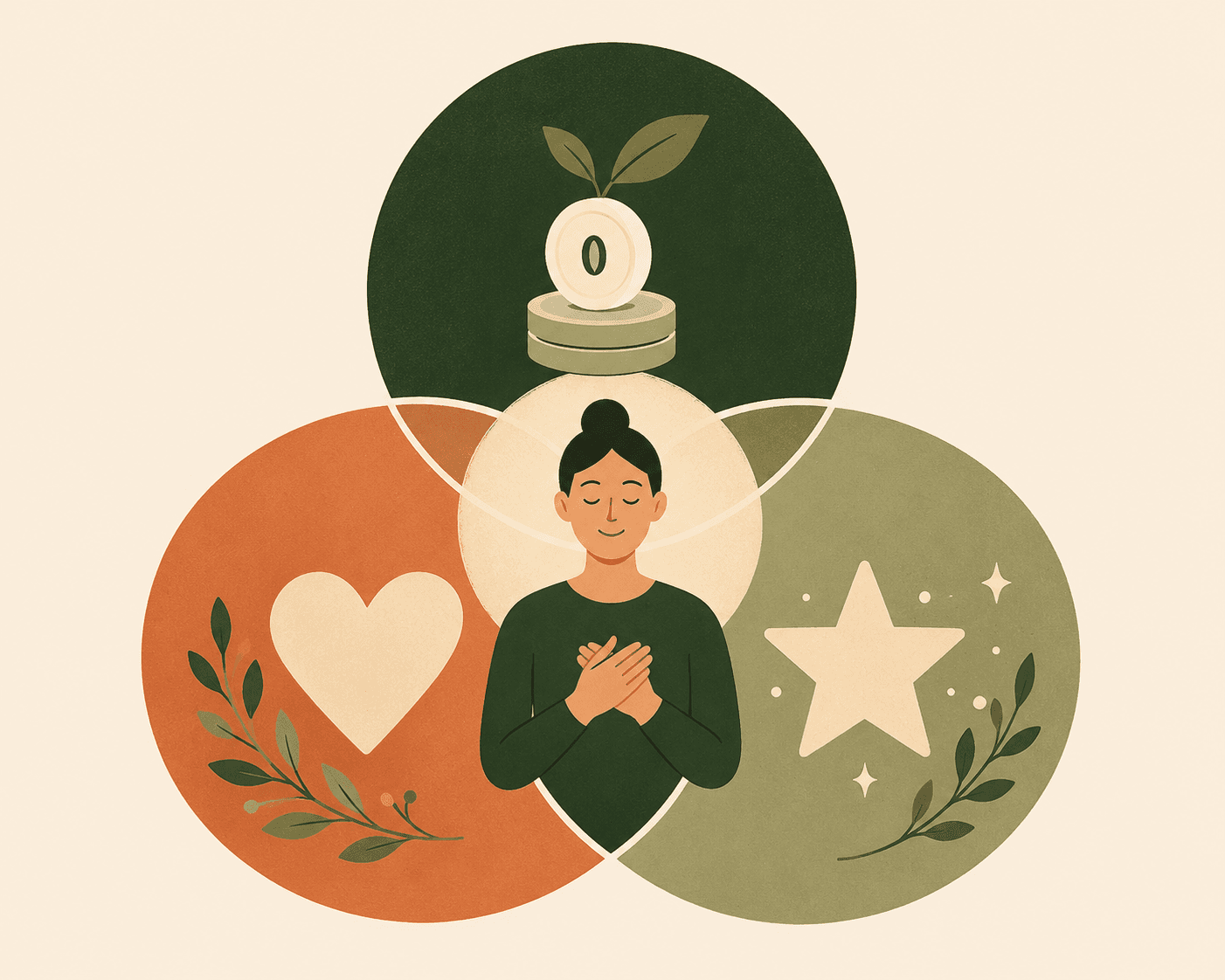 Illustration of a person at the intersection of three overlapping circles representing financial wellbeing, health and love, and quality of life, symbolizing balance and overall wellbeing.