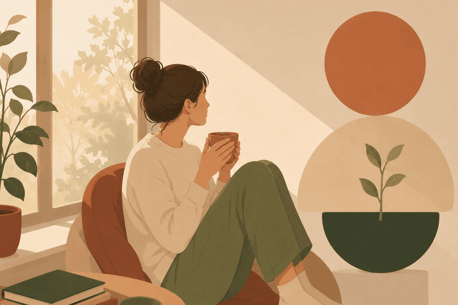 Illustrasjon av en person som sitter i en lenestol ved vinduet med en kopp kaffe, i en rolig og ettertenksom stemning.