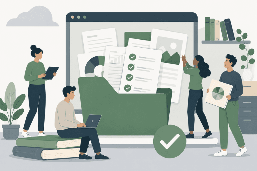 Illustrasjon av en digital ressursbank med en stor mappe fylt med dokumenter, sjekklister og diagrammer på en dataskjerm. Flere personer samarbeider rundt innholdet med nettbrett, laptop og rapporter. Bildet har myke grønne og grå toner og formidler struktur, læring og tilgang til praktiske verktøy og undervisningsressurser.