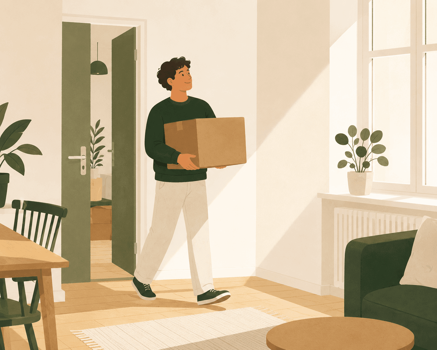 Illustration of a young person carrying a moving box into a bright, minimalist apartment with sunlight and a small houseplant, symbolizing a new beginning and moving into a new home.